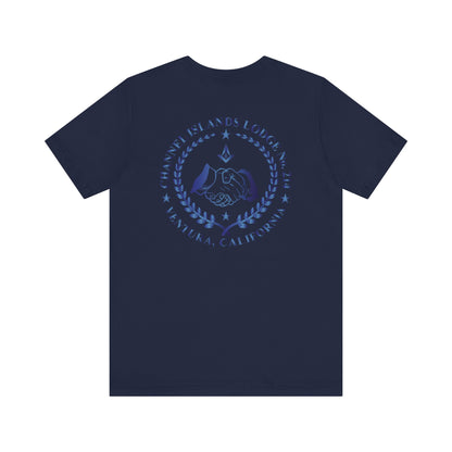 Sapphire Channel Islands Lodge 214 Entered Apprentice short sleeve T-shirt by Printify, featuring lodge logo design on front.