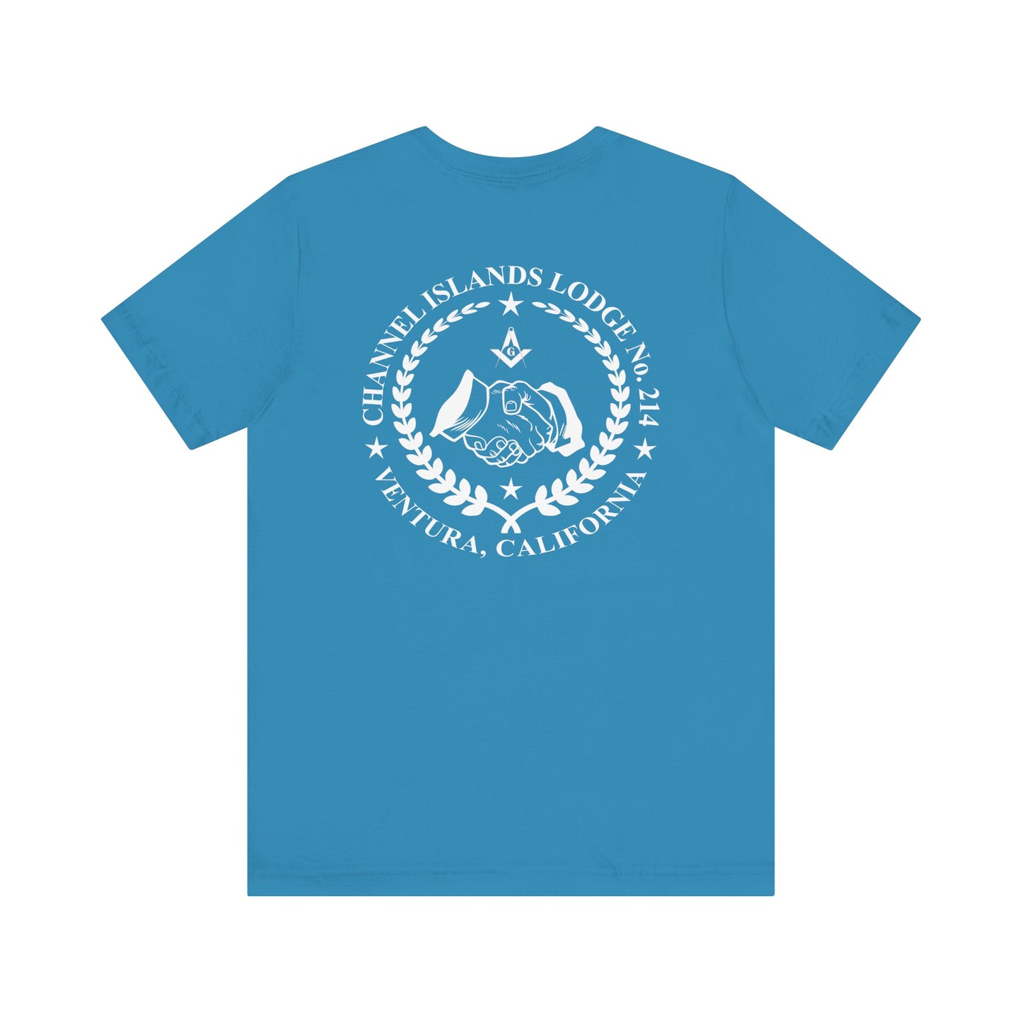 Fellowcraft T-Shirt from Channel Islands Lodge 214 featuring blue and green design, made by Printify.
