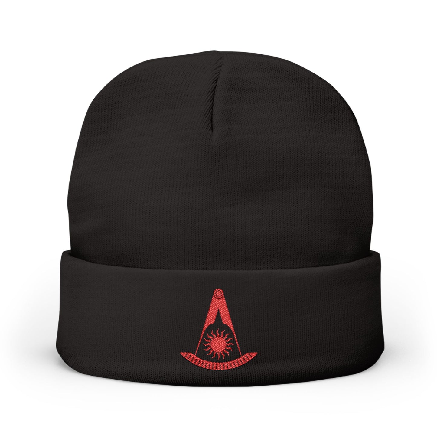 Red Past Master embroidered knit beanie hat by Printify, featuring plain sun design and cozy knit texture.
