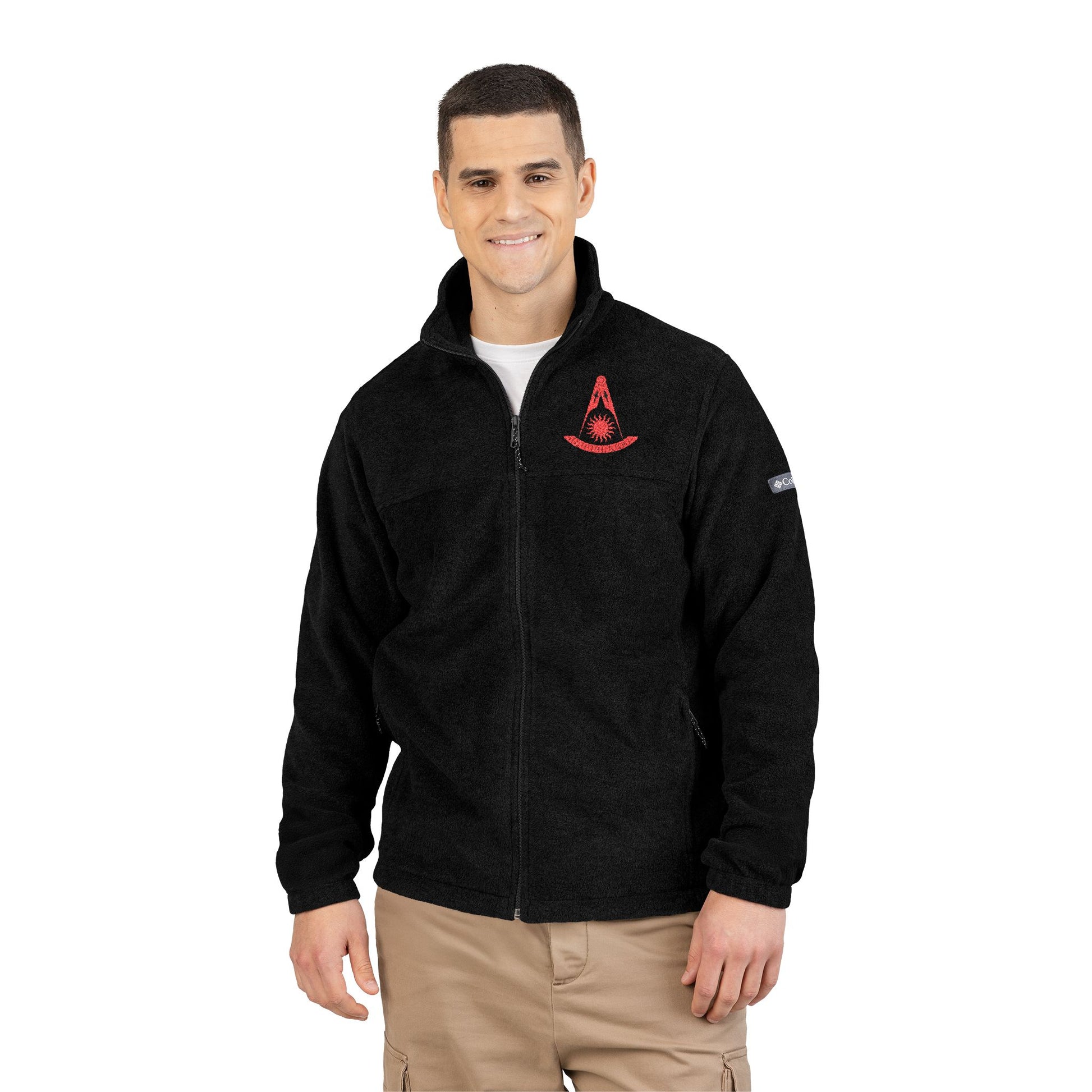 Red Columbia fleece sweatshirt with embroidered CA Past Master logo from Printify, featuring a spear design and no face detail.