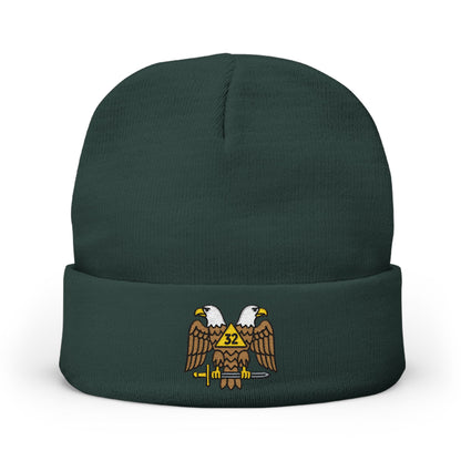 Scottish Rite embroidered knit beanie hat by Printify, featuring detailed Scottish Rite emblem and warm knitted fabric.