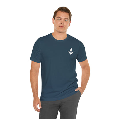Fellowcraft T-Shirt featuring Channel Islands Lodge 214 logo in blues and greens, made by Printify.