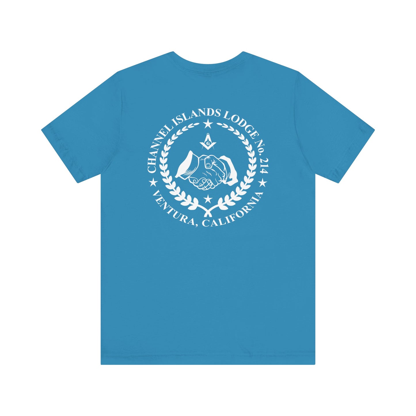 Channel Islands Lodge 214 short sleeve T-shirt in blues and greens by Printify, featuring a casual, comfortable design with scenic imagery.