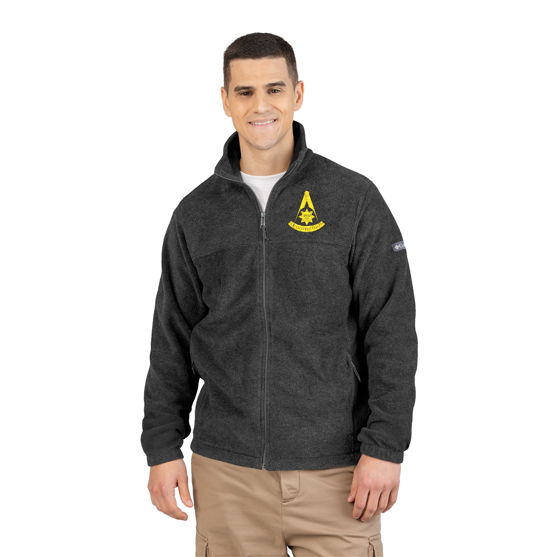 Embroidered Columbia fleece sweatshirt with past master design, cozy fleece material, and casual fit by Printify.