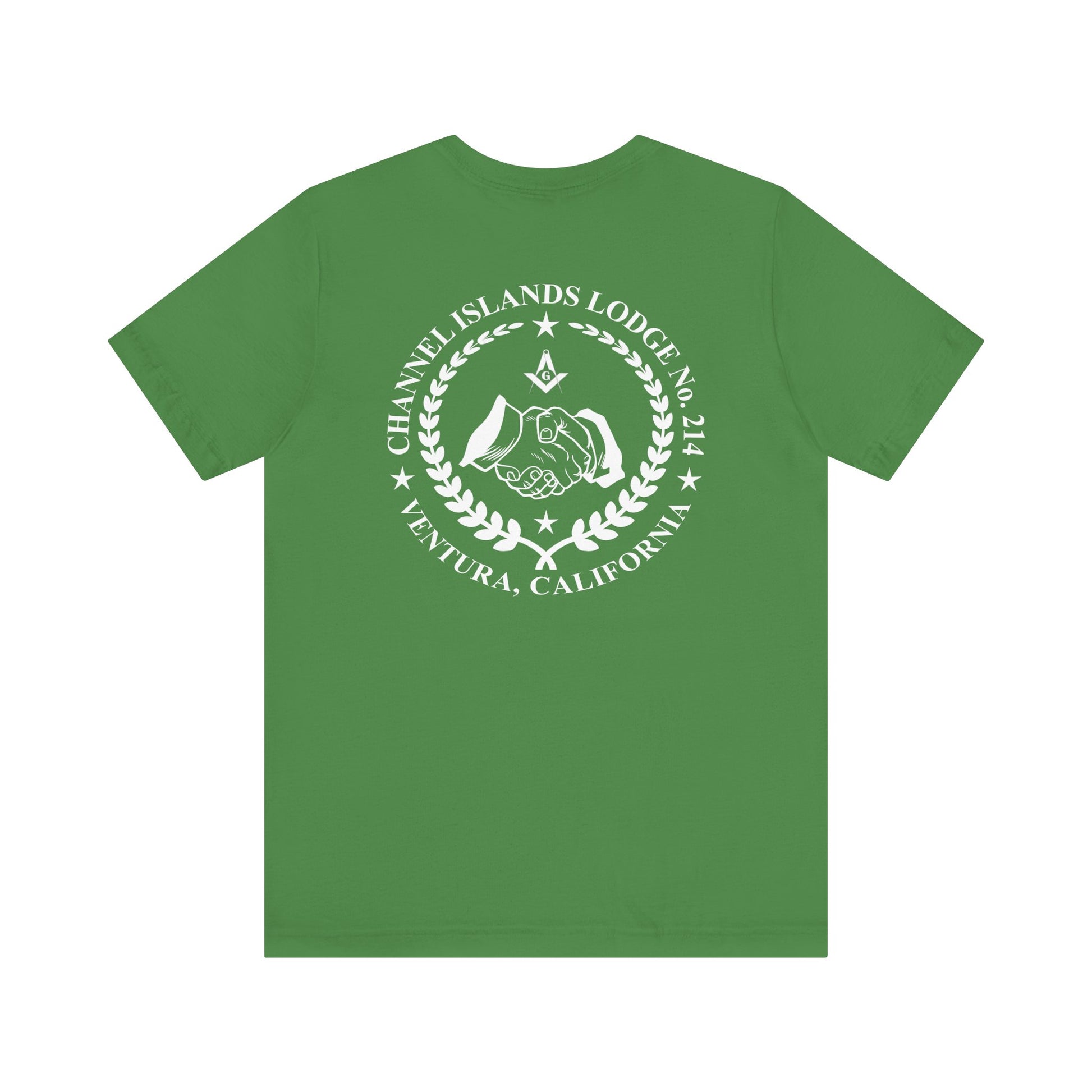 Fellowcraft T-Shirt featuring Channel Islands Lodge 214 logo in blue and green, made by Printify, displayed on a plain background.
