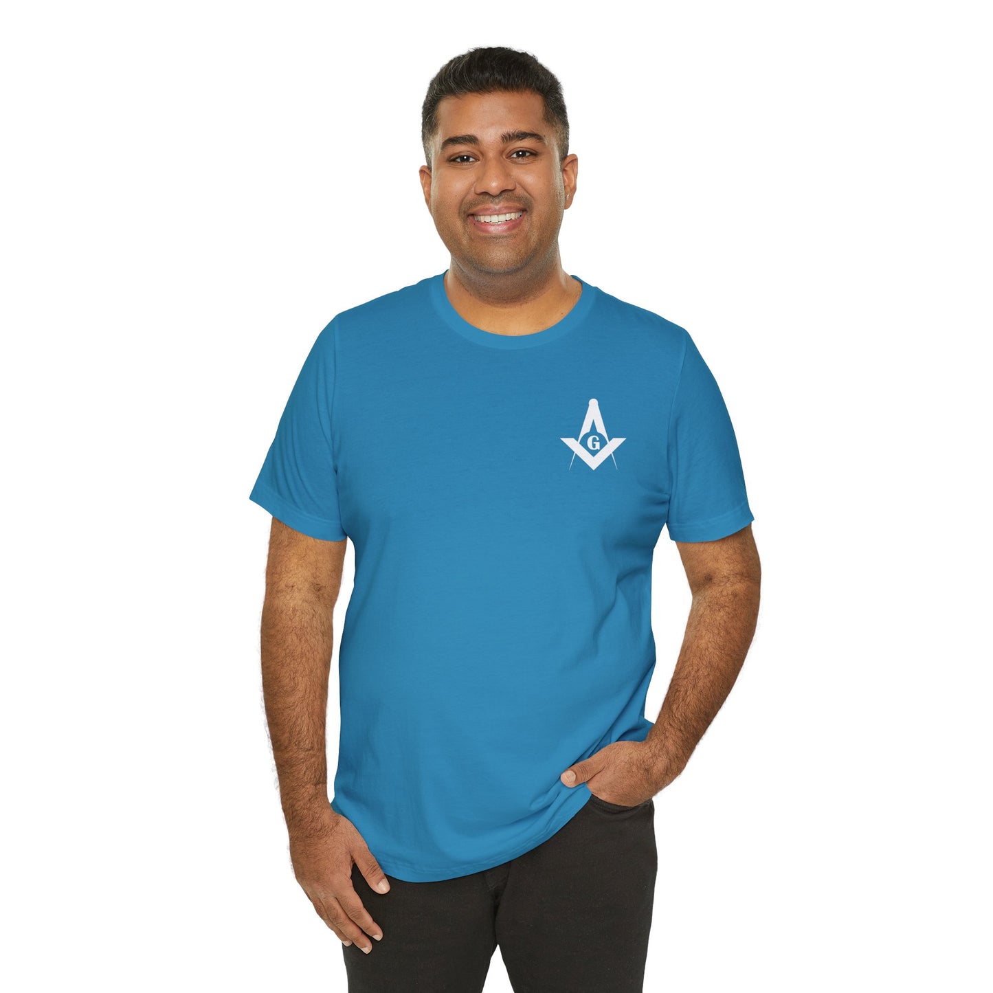 Blue and green Entered Apprentice T-Shirt from Channel Islands Lodge 214 featuring lodge emblem and design, made by Printify.