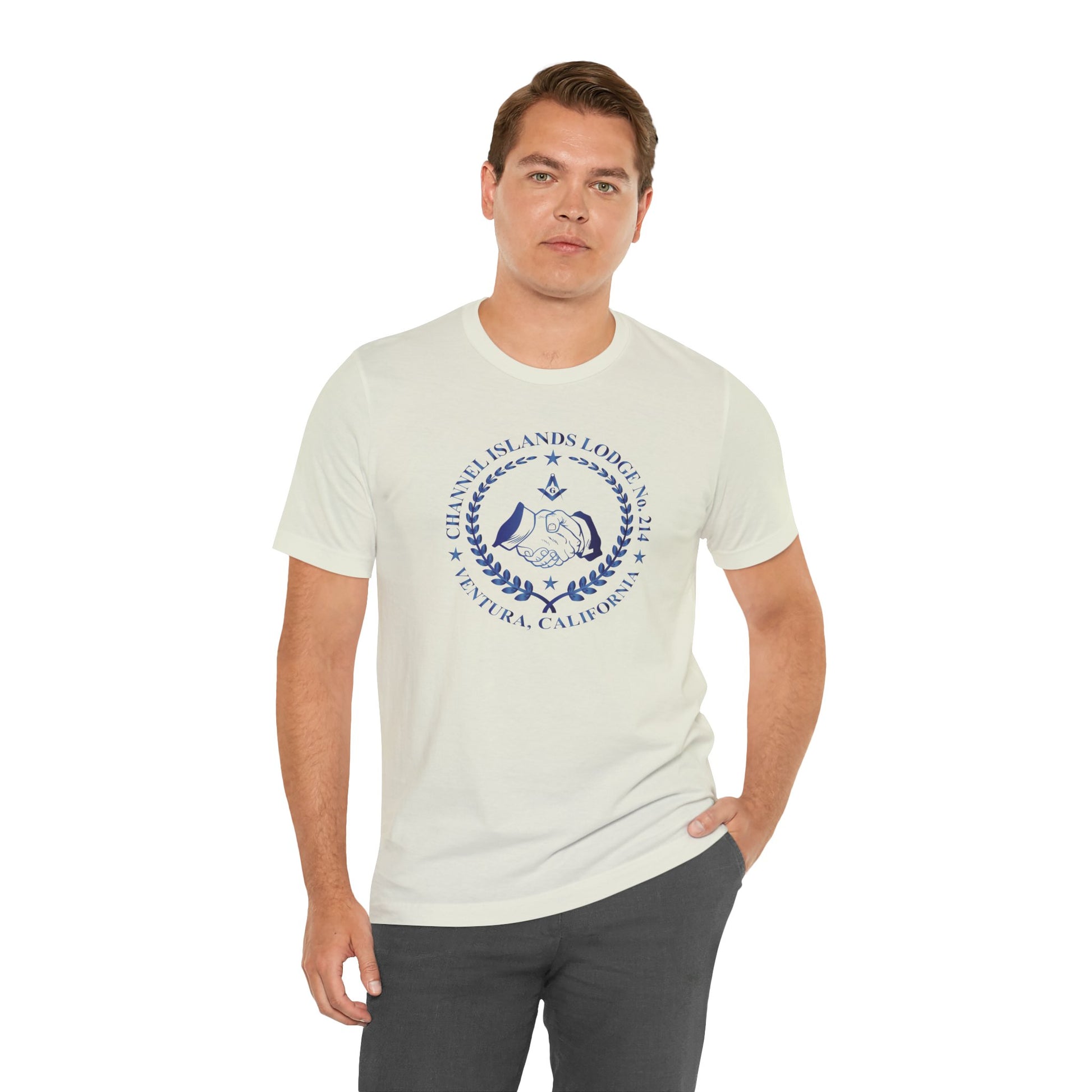 Channel Islands Lodge 214 short sleeve T-shirt in sapphire gradient with logo design, made by Printify.