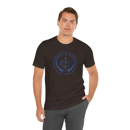 Light blue Channel Islands Lodge 214 short sleeve T-shirt by Printify featuring a sapphire gradient design on soft cotton fabric.