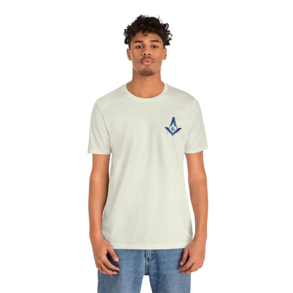 Sapphire Channel Islands Lodge 214 Entered Apprentice short sleeve T-shirt by Printify with lodge logo on front.