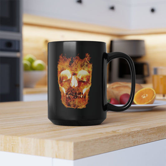 Flaming Skull 2-sided Black Ceramic Coffee Mug (11oz, 15oz)