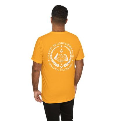 Bright colorful Fellowcraft T-Shirt from Channel Islands Lodge 214 featuring lodge logo, made by Printify.