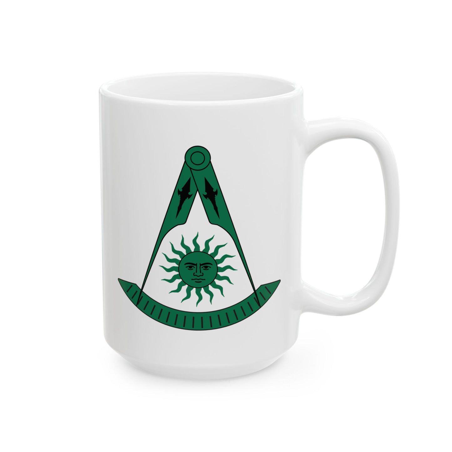 Two-Sided Past Master Ceramic Mug - Compass & Quadrant (Green, Sun with Face, Spearhead)