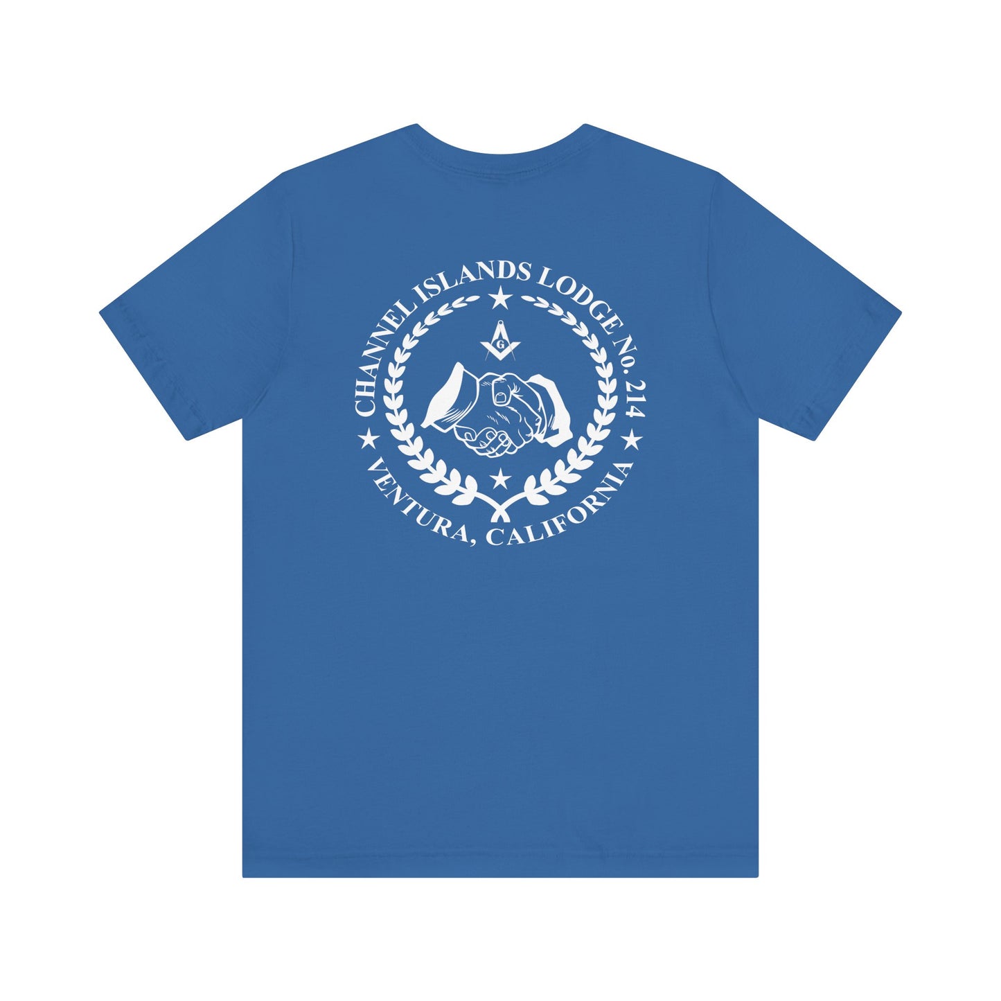 Fellowcraft T-Shirt by Printify featuring Channel Islands Lodge 214 design with blue and green colors, casual fit and graphic print.