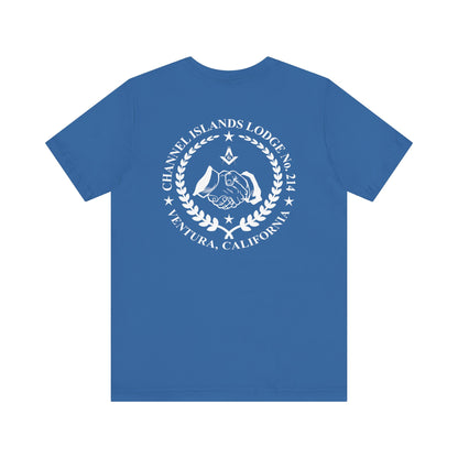 Fellowcraft T-Shirt by Printify featuring Channel Islands Lodge 214 design with blue and green colors, casual fit and graphic print.