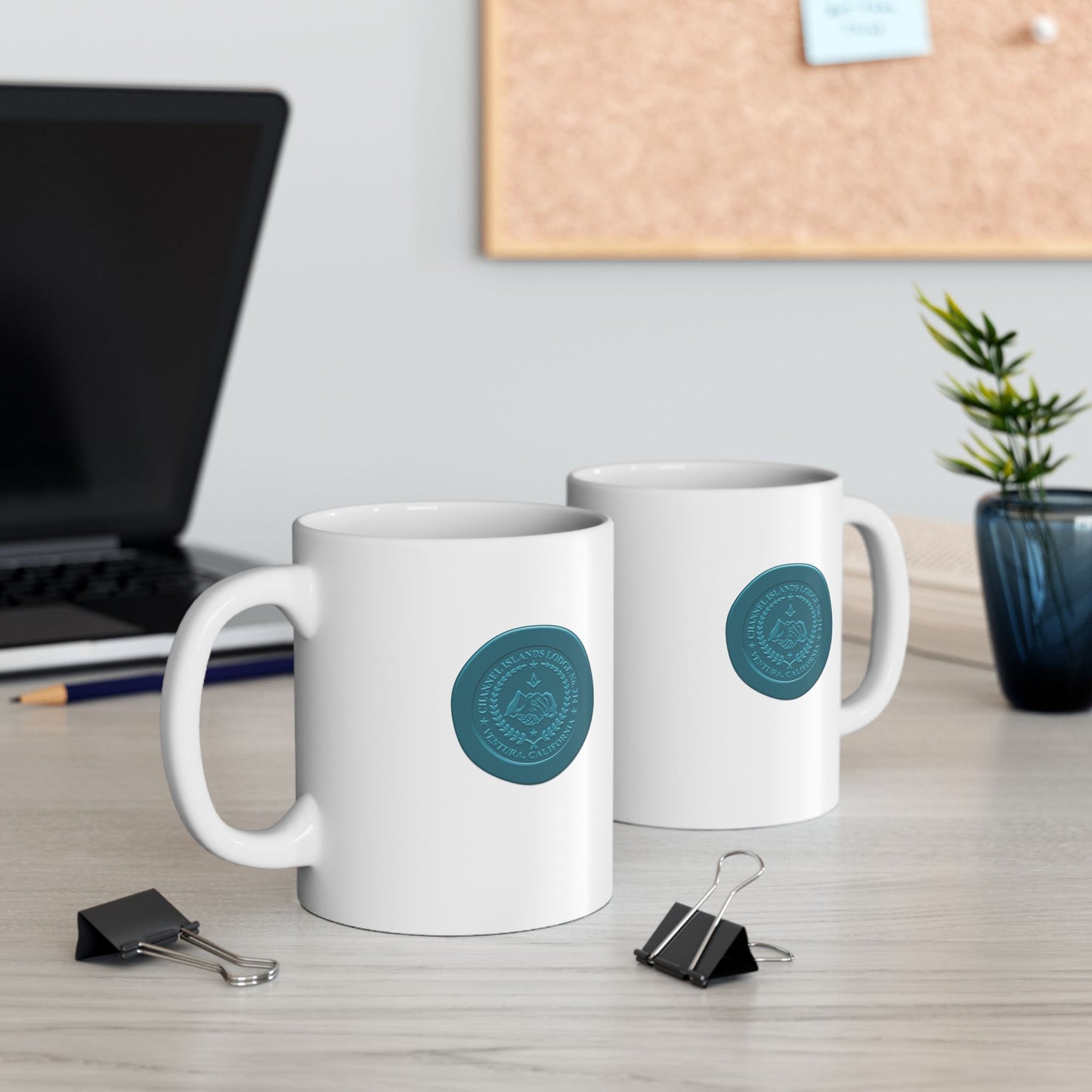 Two-sided custom wax seal Channel Islands Lodge white ceramic mug, available in 11oz and 15oz sizes, with detailed logo design.