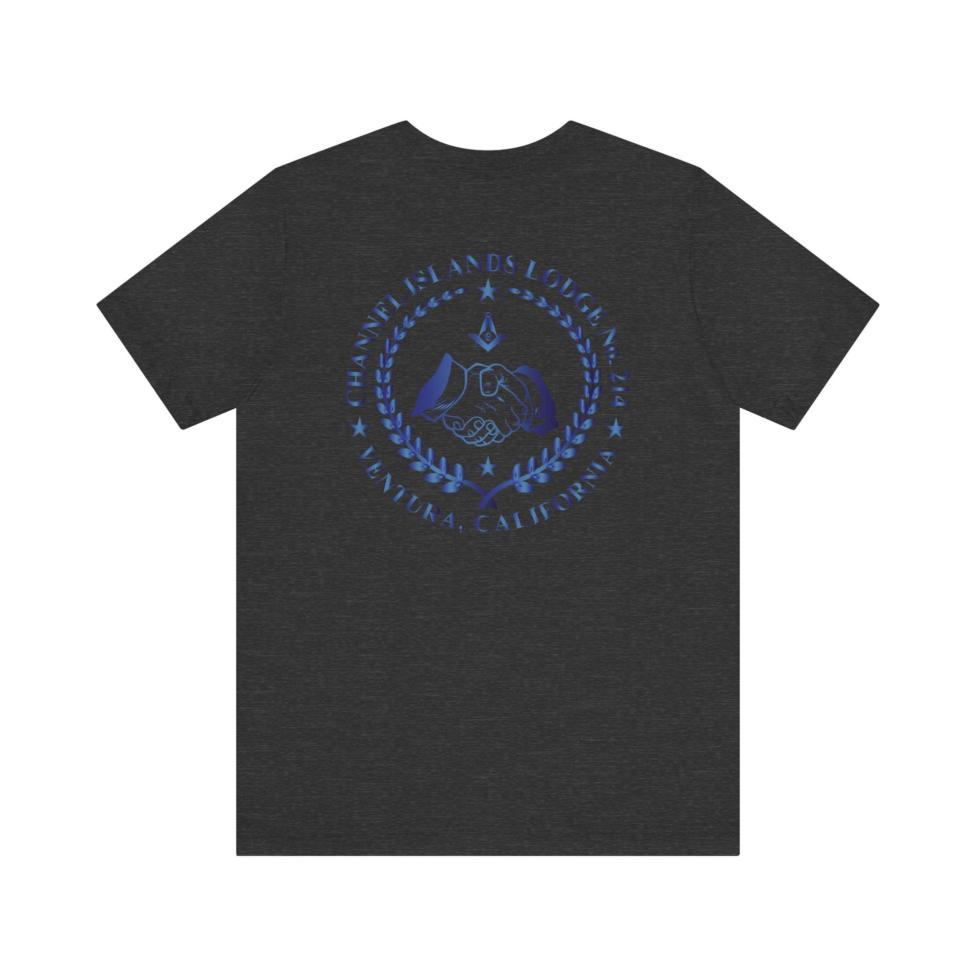 Sapphire Channel Islands Lodge 214 Entered Apprentice short sleeve T-shirt by Printify, featuring lodge logo and text on front.