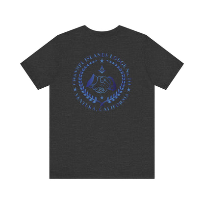 Sapphire Channel Islands Lodge 214 Entered Apprentice short sleeve T-shirt by Printify, featuring lodge logo and text on front.