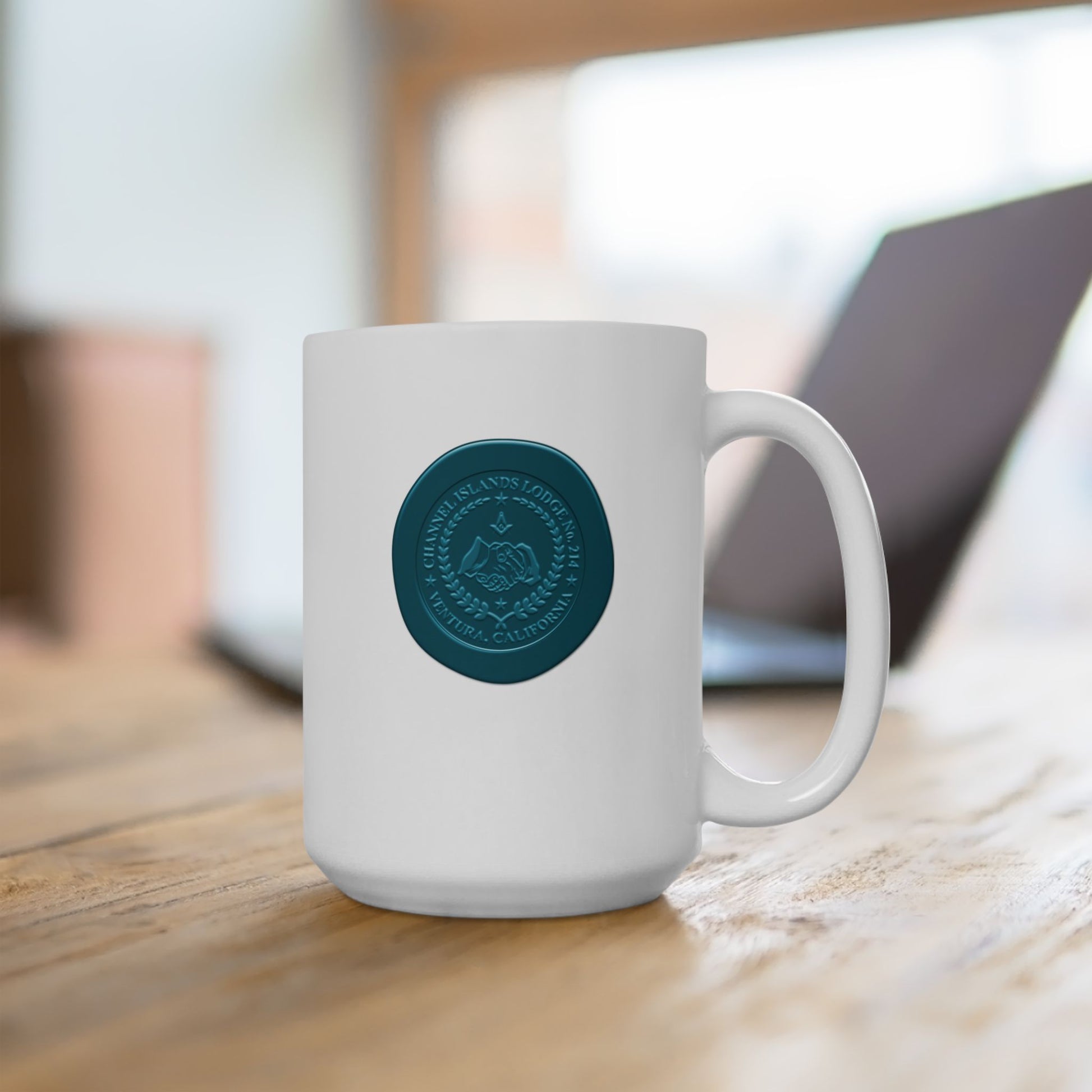 White ceramic mug with two-sided custom wax seal design, 11oz or 15oz size, featuring Channel Islands Lodge branding.