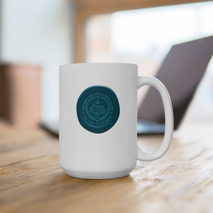 White ceramic mug with two-sided custom wax seal design, 11oz or 15oz size, featuring Channel Islands Lodge branding.