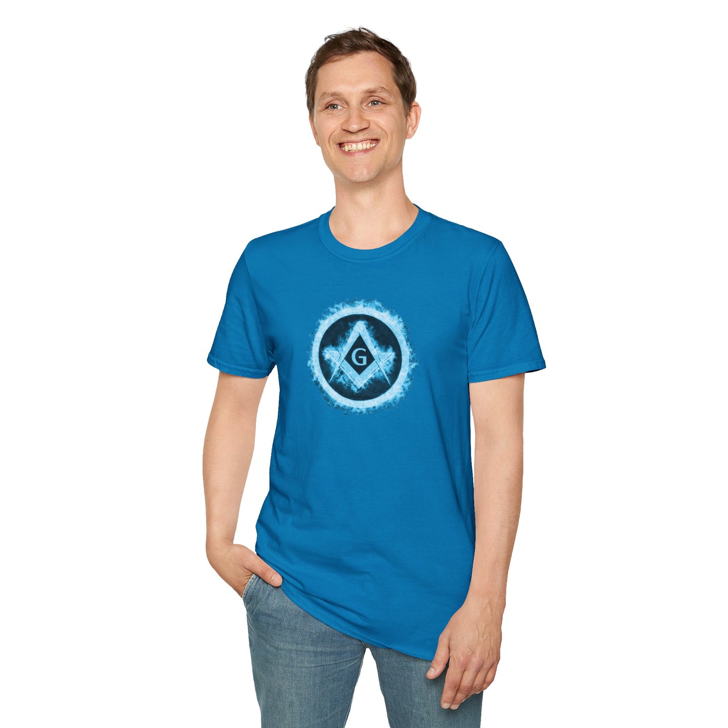 Square and Compass Encircled in Blue Flames Softstyle T-Shirt
