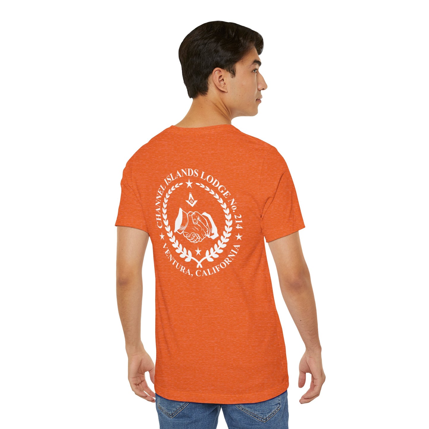 Brightly colored Channel Islands Lodge 214 short sleeve T-shirt by Printify, featuring a vibrant graphic design.
