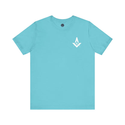 Channel Islands Lodge 214 short sleeve T-shirt in blues and greens, casual cotton T-shirt by Printify with lodge graphic design.