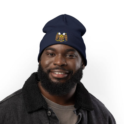 Scottish Rite embroidered knit beanie hat with detailed embroidery, warm and stylish accessory by Printify.