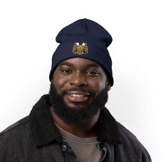 Scottish Rite embroidered knit beanie hat with detailed embroidery, warm and stylish accessory by Printify.