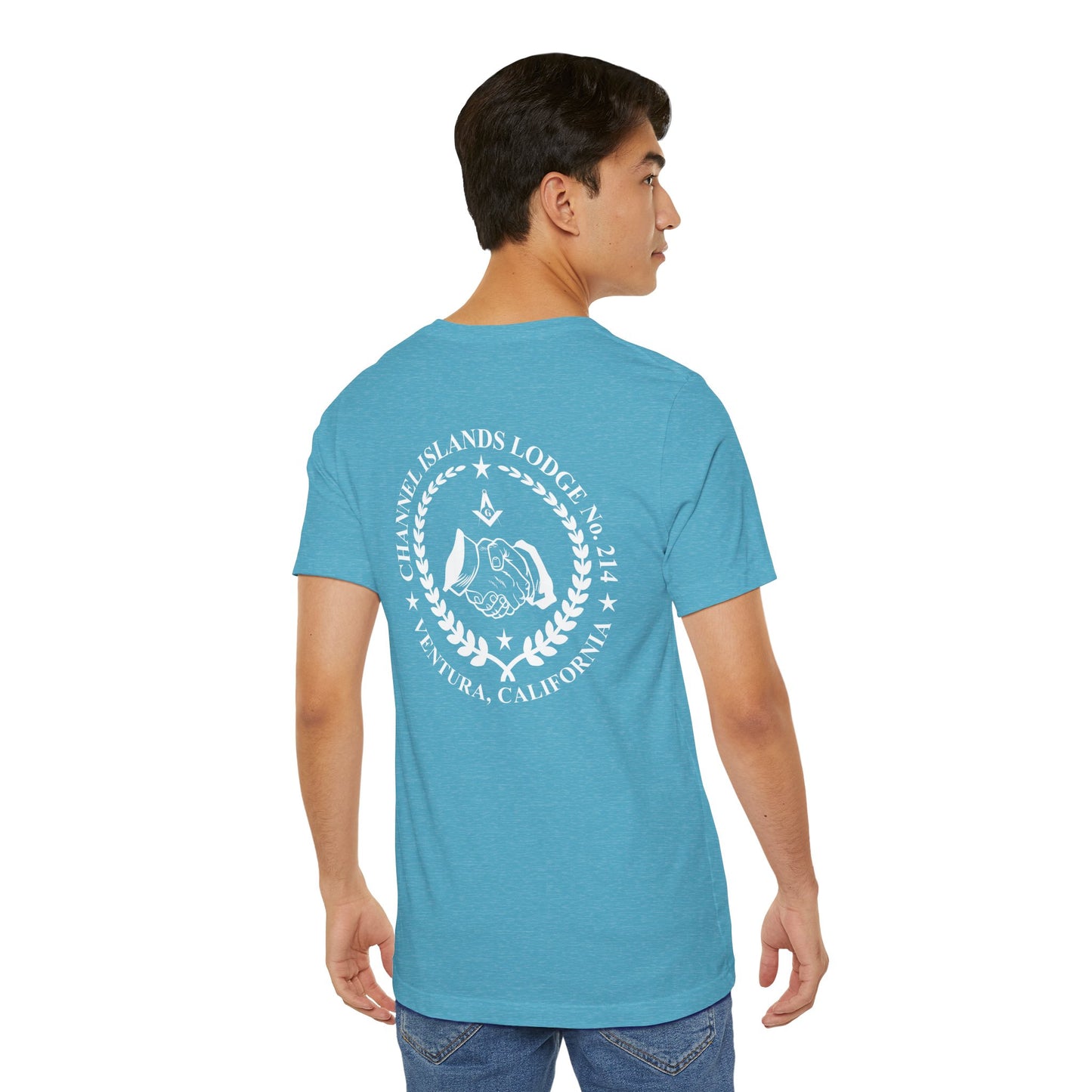 Blue and green Entered Apprentice T-Shirt with Channel Islands Lodge 214 logo, made by Printify, featuring detailed lodge emblem.