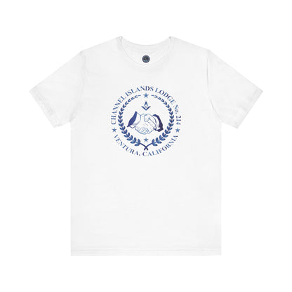 Channel Islands Lodge 214 short sleeve T-Shirt by Printify in sapphire gradient, featuring a comfortable fit and vibrant color.