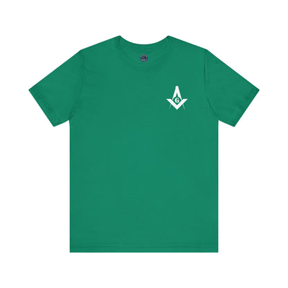 Channel Islands Lodge 214 short sleeve T-shirt by Printify featuring blue and green color block design.
