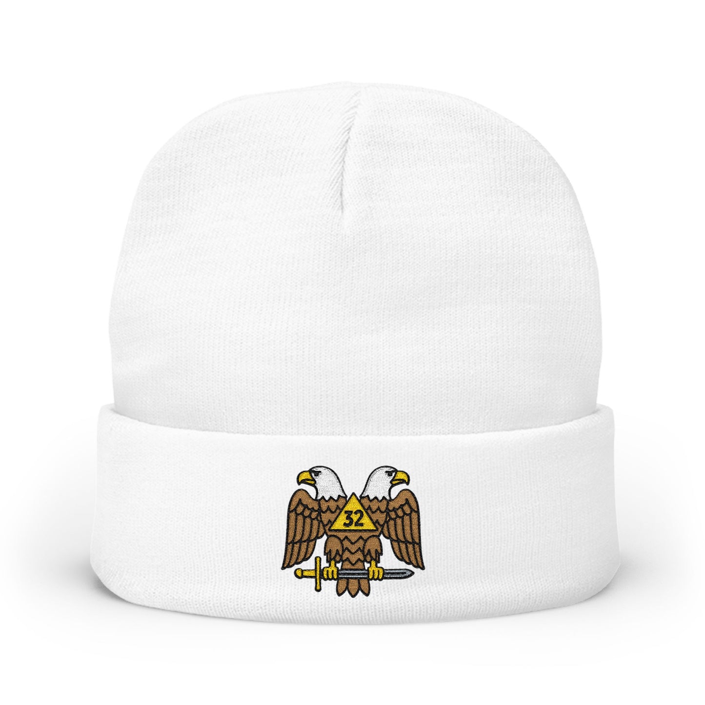 Scottish Rite embroidered knit beanie hat by Printify, featuring detailed embroidery and a cozy, warm knit design.
