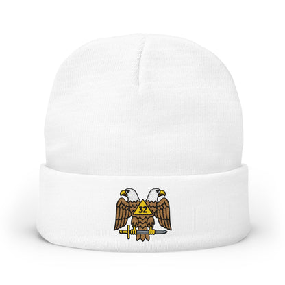 Scottish Rite embroidered knit beanie hat by Printify, featuring detailed embroidery and a cozy, warm knit design.
