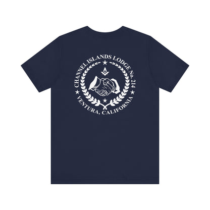 Channel Islands Lodge short sleeve T-shirt by Printify featuring blue and green design, casual fit, and comfortable cotton fabric.