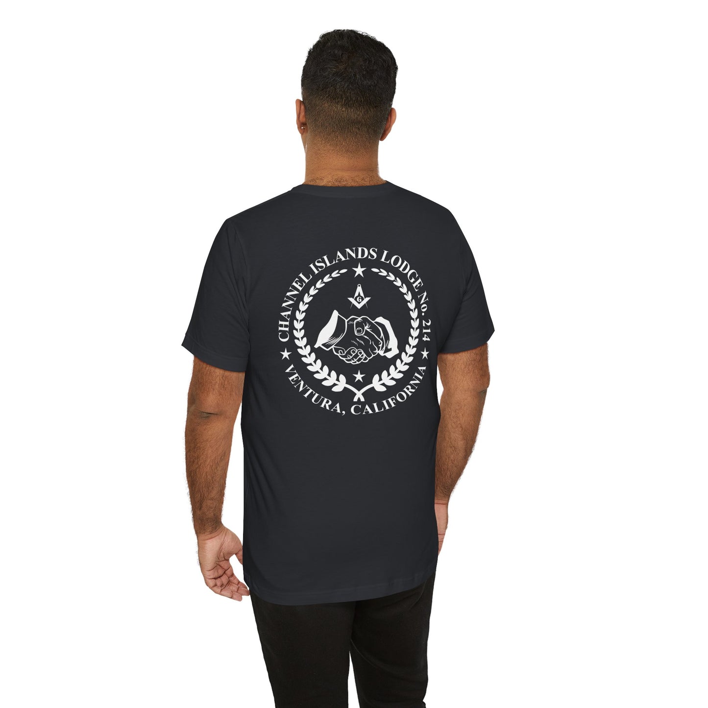 Channel Islands Lodge 214 short sleeve T-shirt by Printify in dark colors, featuring a casual fit and graphic design on the front.