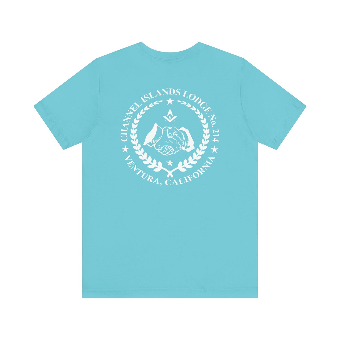 Channel Islands Lodge 214 short sleeve T-shirt in blues and greens, casual cotton tee from Printify with a relaxed fit.