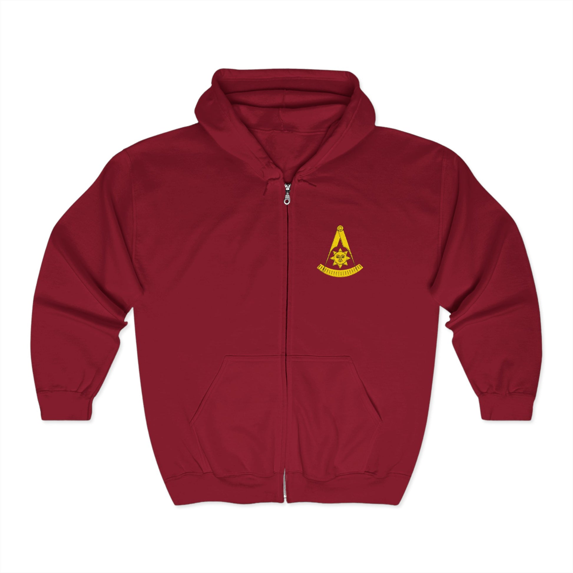 Printify CA Past Master embroidered heavy blend full-zip hoodie, front view showing detailed embroidery and cozy hood design.