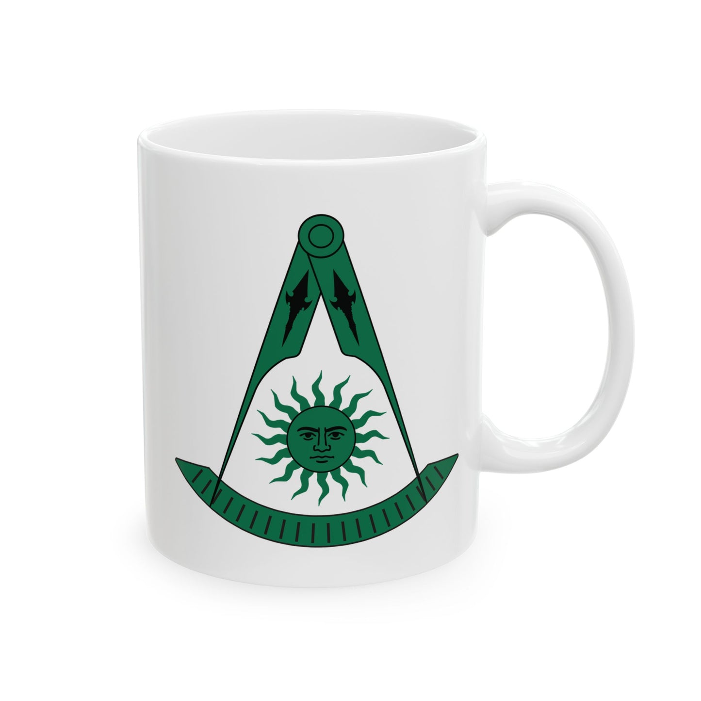 Two-Sided Past Master Ceramic Mug - Compass & Quadrant (Green, Sun with Face, Spearhead)