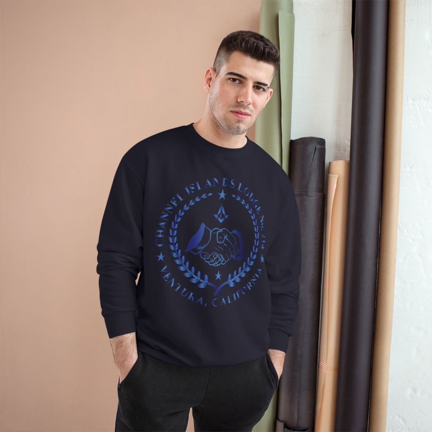 Channel Islands Lodge 214 Champion sweatshirt in sapphire with logo, casual apparel for comfortable everyday wear.