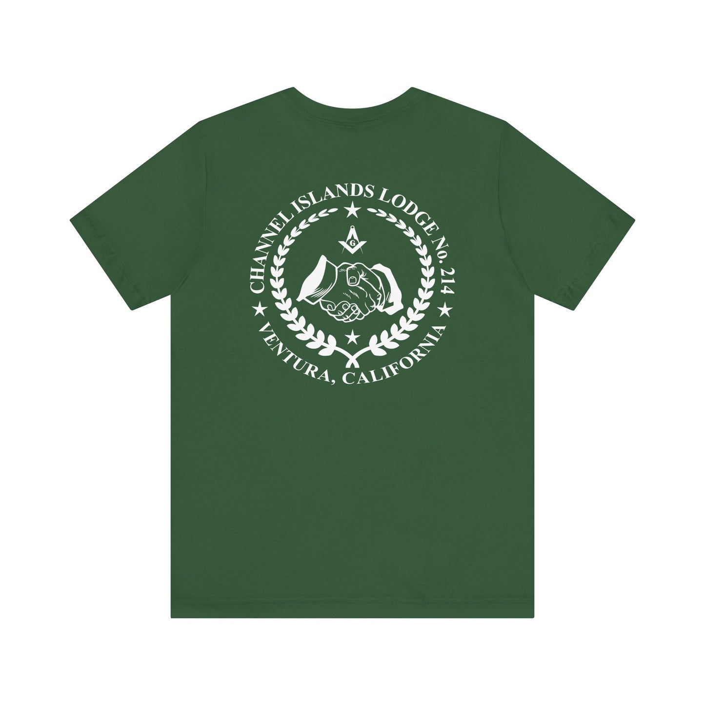Channel Islands Lodge short sleeve T-shirt by Printify featuring blue and green tropical lodge design on soft cotton fabric.