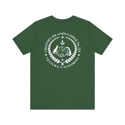 Channel Islands Lodge short sleeve T-shirt by Printify featuring blue and green tropical lodge design on soft cotton fabric.