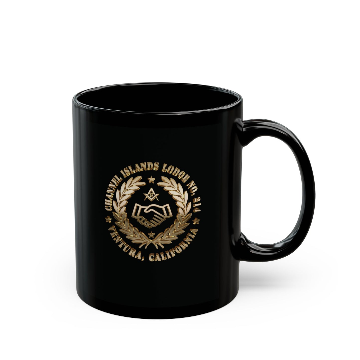 Black coffee mug with 3D gold and black Channel Islands Lodge emblem, 11oz or 15oz size, by Printify.