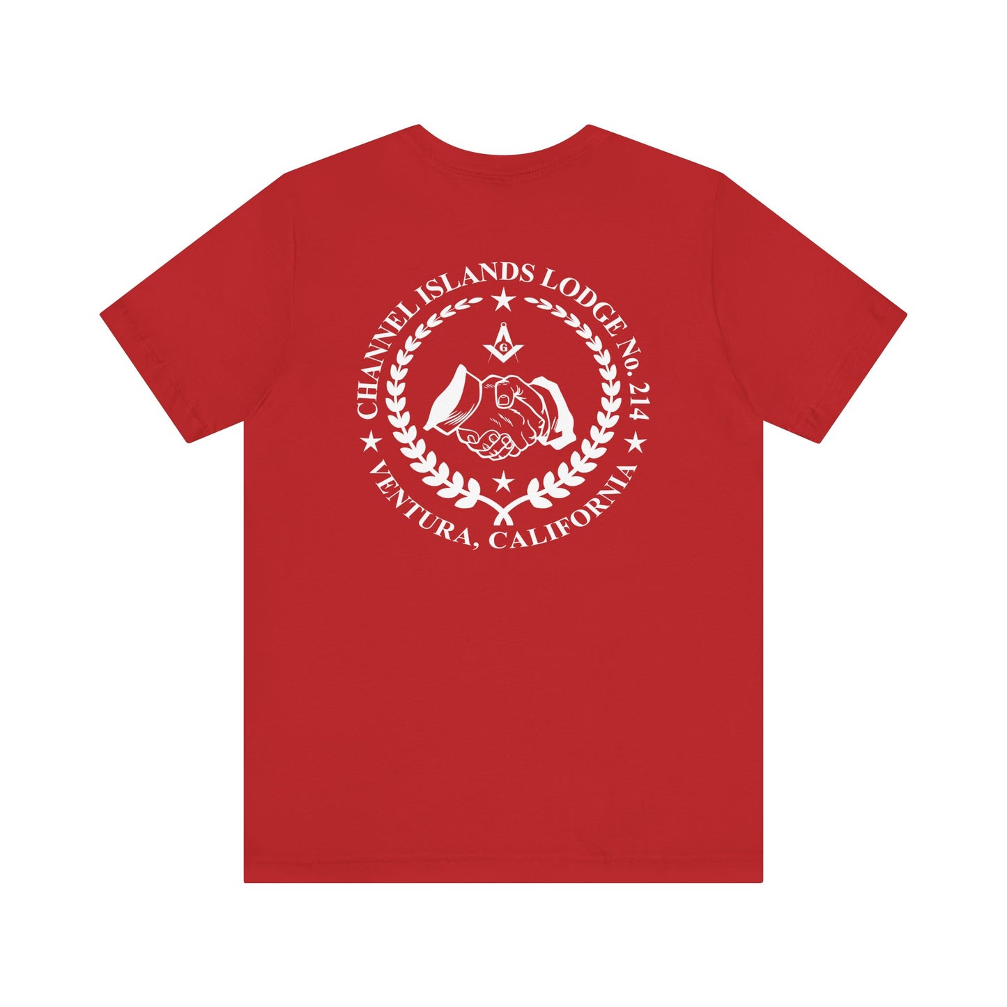 Brightly colored Entered Apprentice T-Shirt featuring Channel Islands Lodge 214 logo, made by Printify, with vibrant design and crew neck fit.