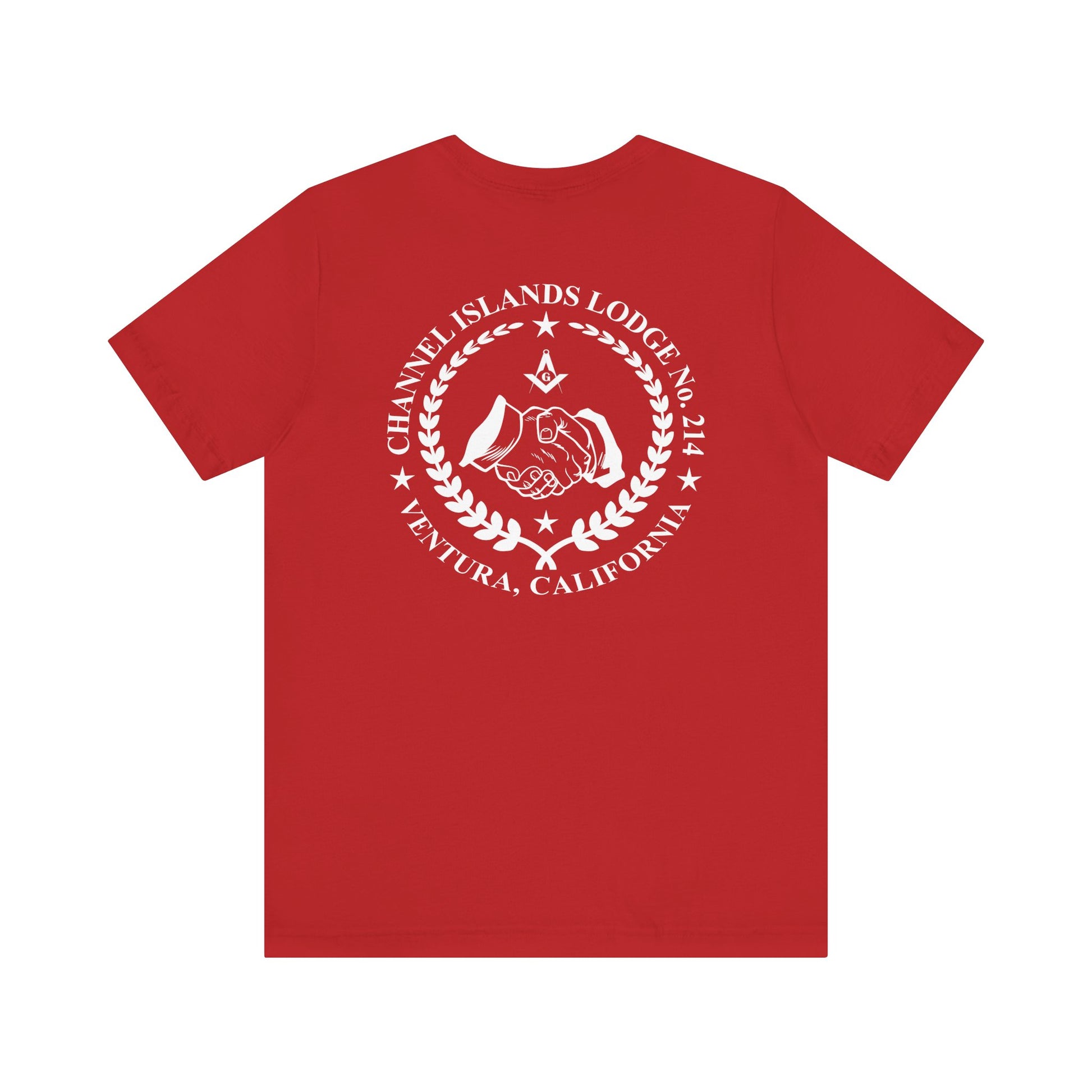 Brightly colored Entered Apprentice T-Shirt featuring Channel Islands Lodge 214 logo, made by Printify, with vibrant design and crew neck fit.