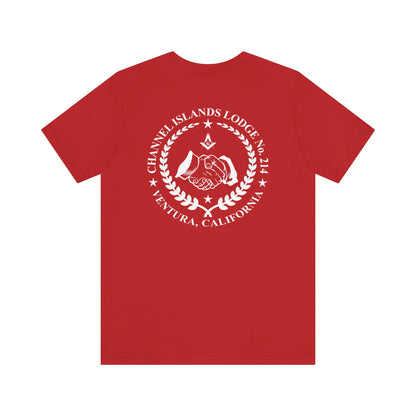 Brightly colored Entered Apprentice T-Shirt featuring Channel Islands Lodge 214 logo, made by Printify, with vibrant design and crew neck fit.