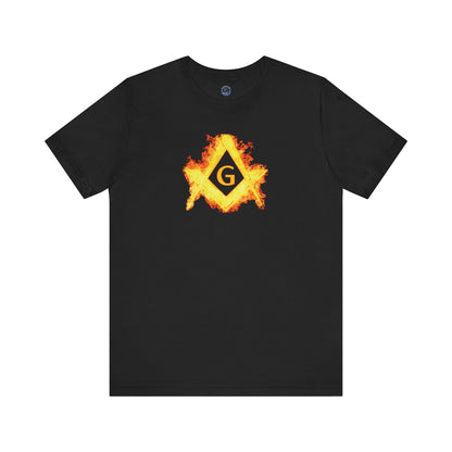 Flaming Square and Compass Short Sleeve T-Shirt - Orange Flames