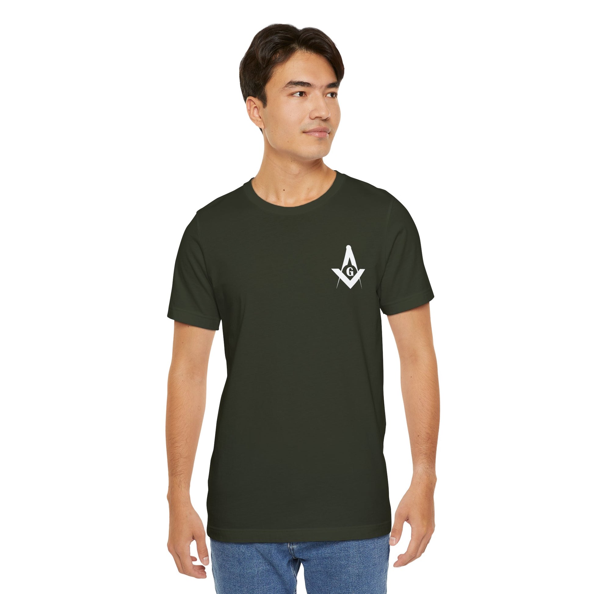 Dark-colored Entered Apprentice T-shirt from Channel Islands Lodge 214 featuring lodge emblem and text, made by Printify.