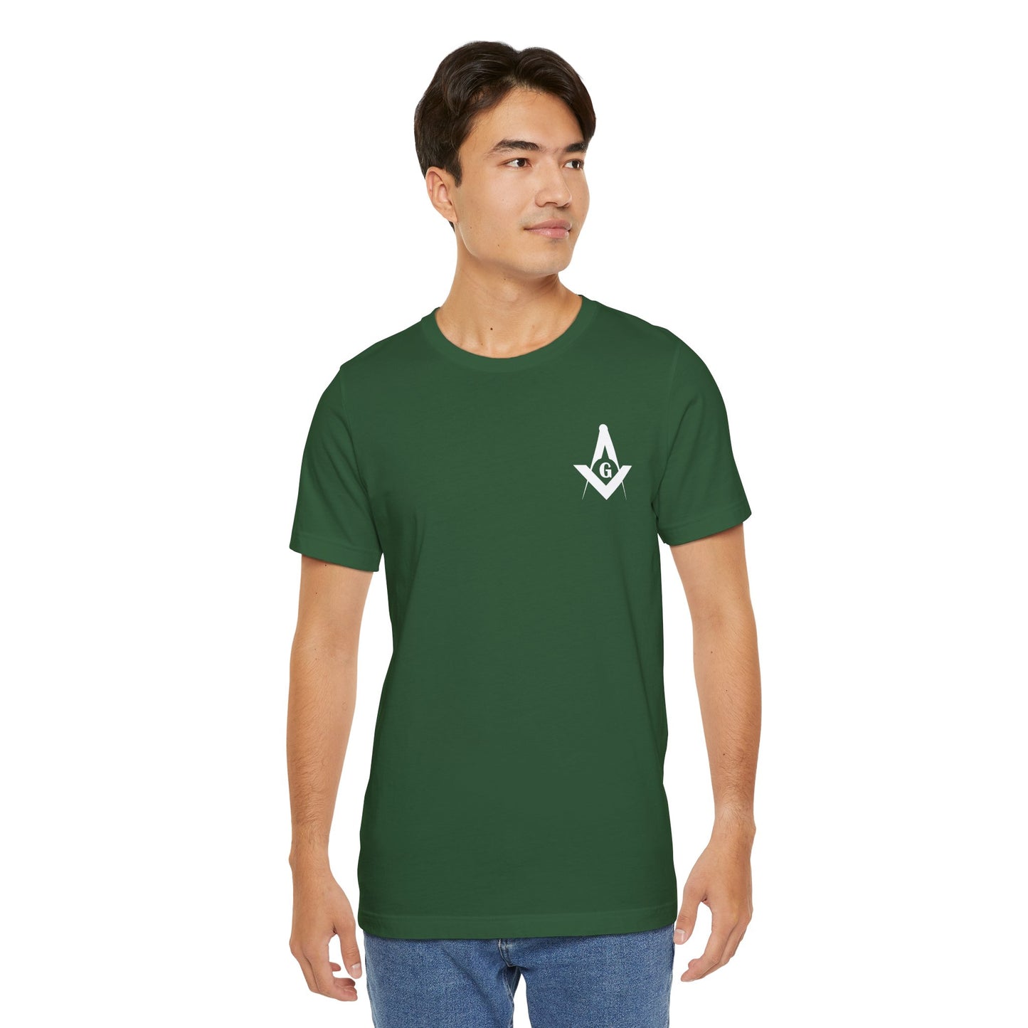 Blue and green Entered Apprentice T-shirt featuring Channel Islands Lodge 214 logo, made by Printify.