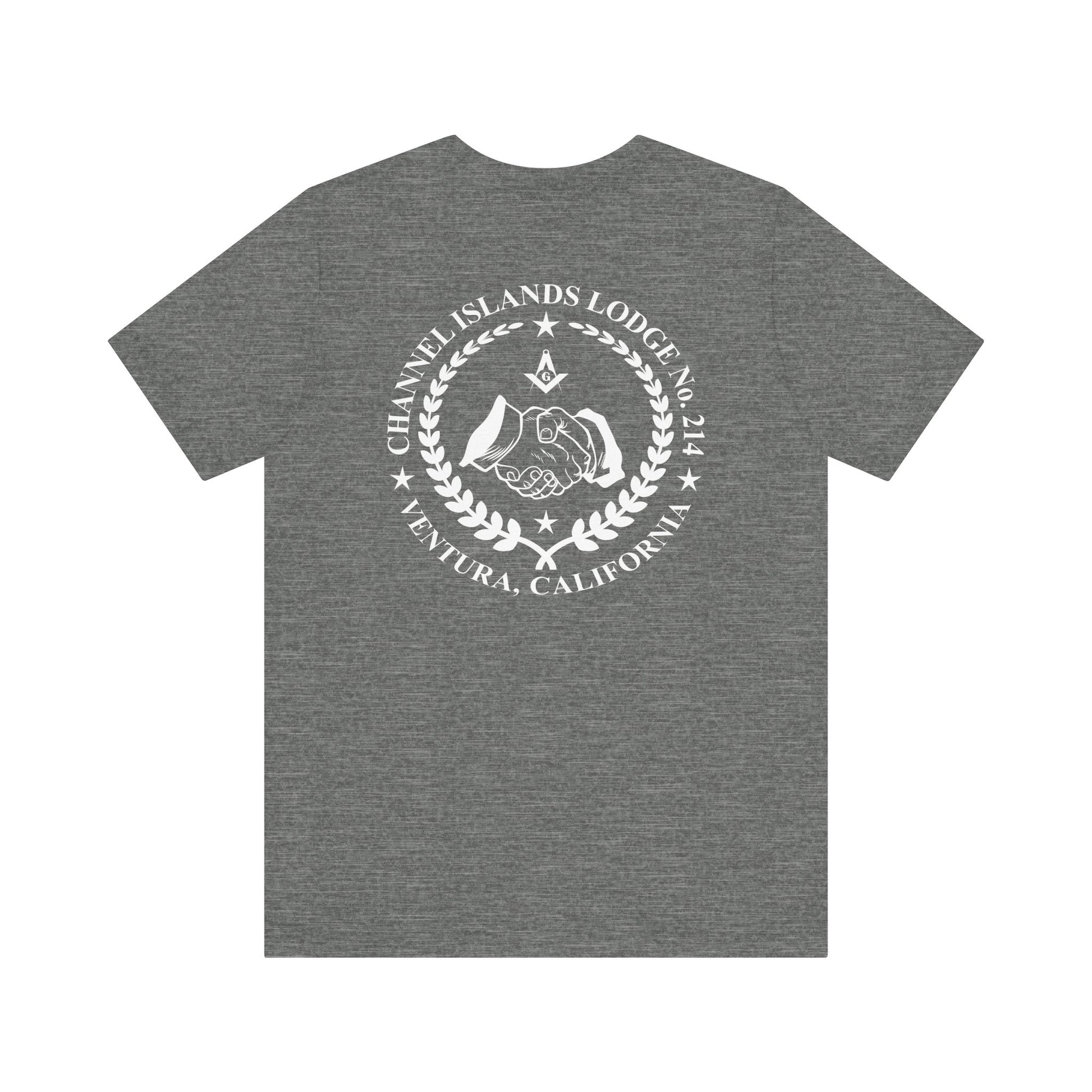 Channel Islands Lodge 214 short sleeve T-shirt in dark colors, made by Printify, featuring a casual and comfortable fit.