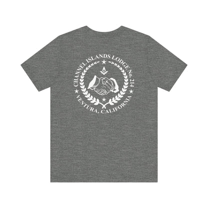Channel Islands Lodge 214 short sleeve T-shirt in dark colors, made by Printify, featuring a casual and comfortable fit.